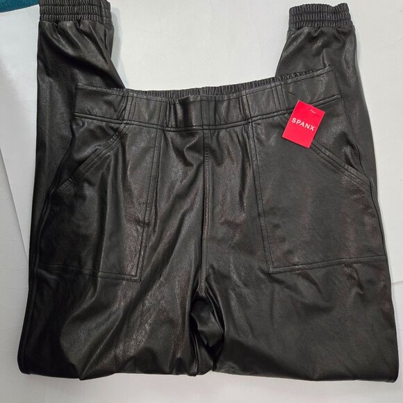 Spanx Size L Leather Like Jogger Pants Black High Rise Faux Pull On Pockets NEW - Picture 5 of 14